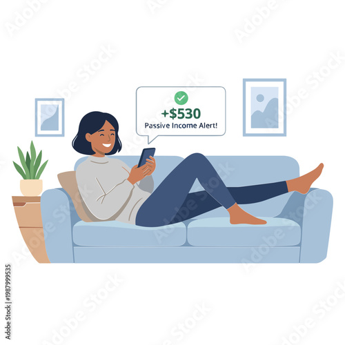 Woman relaxes on couch with phone showing passive income alert on screen