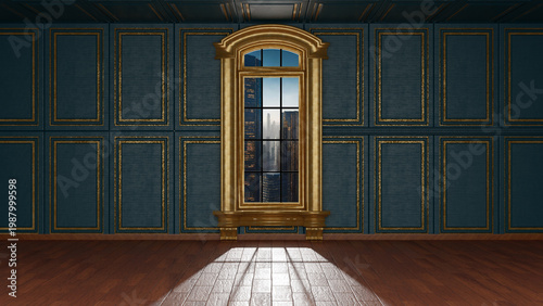 Stanza antica ed elegante, riccamente decorata, vuota, con finestra che si affaccia su panorama estrno.