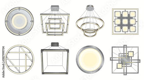 Set of Modern LED Chandelier and Ceiling Light Fixture Illustrations for Interior Design Concepts, Minimalist Geometric Pendant Lighting Collection on White.