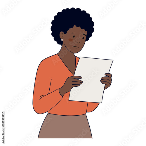 Woman reading document in hand with concerned expression indoors