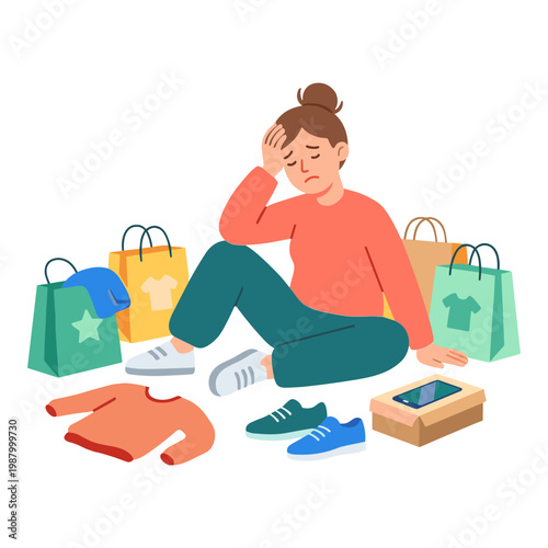 Woman sits stressed on floor surrounded by shopping bags clothes shoes