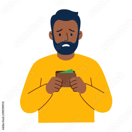 A man shows sadness while looking at his empty wallet indoors.