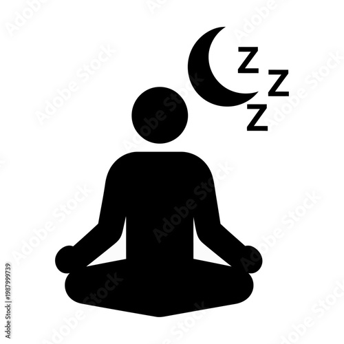 Vector of a person meditating peacefully under the night sky with a crescent moon and zzz symbols.