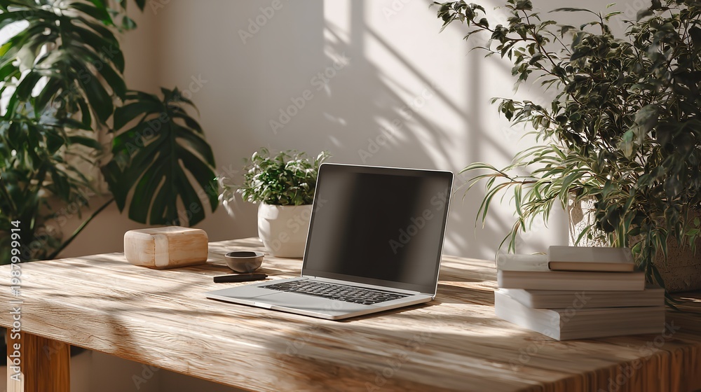 Fototapeta premium Laptop on meeting table beside coffee and plant in a modern office with creative background, warm daylight through blinds, concept of workplace focus. ... See More