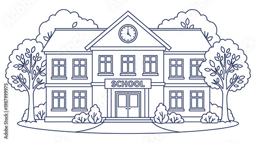 School building exterior facade with trees and clock education architecture.