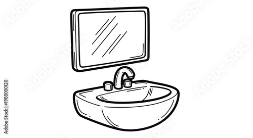 A simple black and white sketch depicts a bathroom sink with a mirror mounted above it