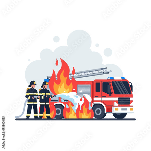 Firefighters in uniform bravely extinguishing a burning vehicle with a fire truck and water hose.