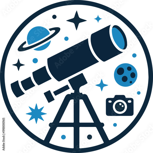 Space exploration and astronomy science round icon with telescope planets stars vector illustration.