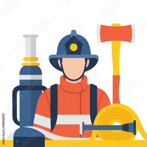 Firefighter with equipment, including a hose, axe, and helmet, representing emergency services and safety.