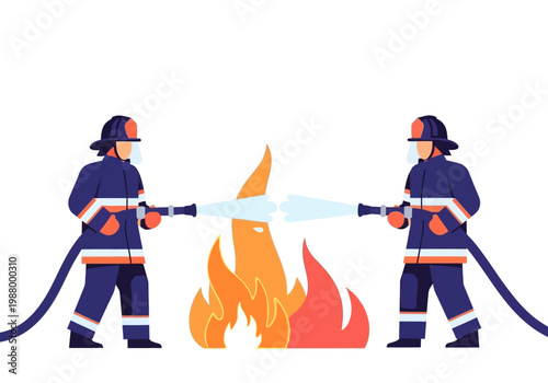 Two firefighters in uniform bravely fighting a large blaze with water hoses on a white background.