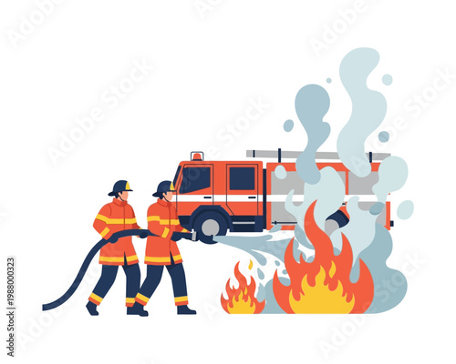 Firefighters in uniform bravely battling a large, intense fire with a hose from a red fire truck.