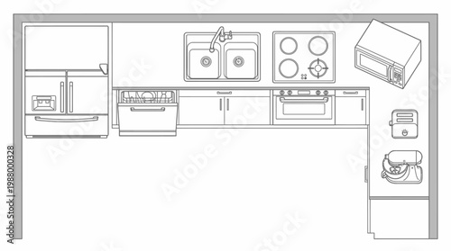 Modern Kitchen Layout Plan Line Art Illustration with Essential Appliances Including Refrigerator Sink Stove Microwave Toaster and Mixer for Interior Design.