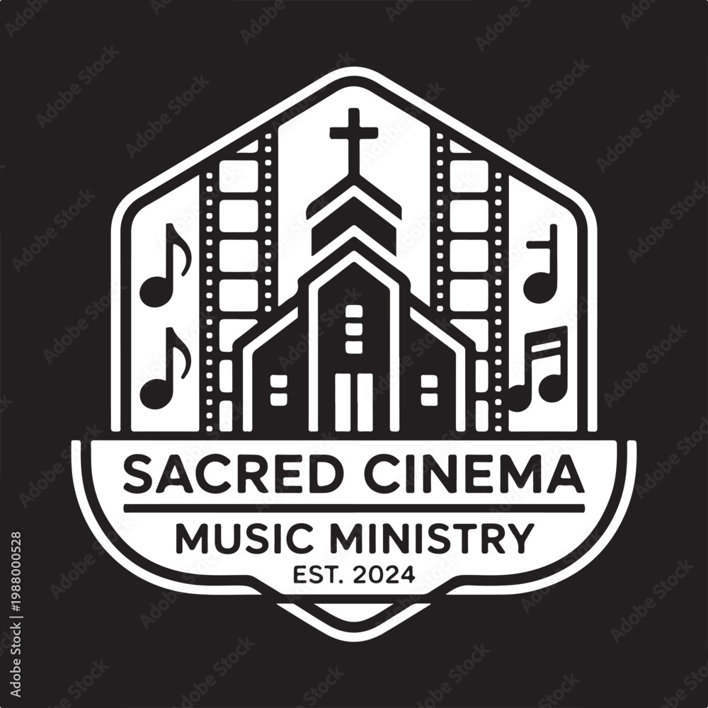 Fototapeta premium Sacred cinema music ministry est 2024 vector illustration for christian musical event or worship gathering logo.
