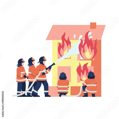 Firefighters bravely battling a house fire, spraying water to extinguish the flames and protect the building.