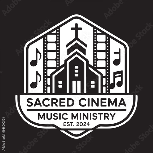 Sacred cinema music ministry est 2024 vector illustration for christian musical event or worship gathering logo.