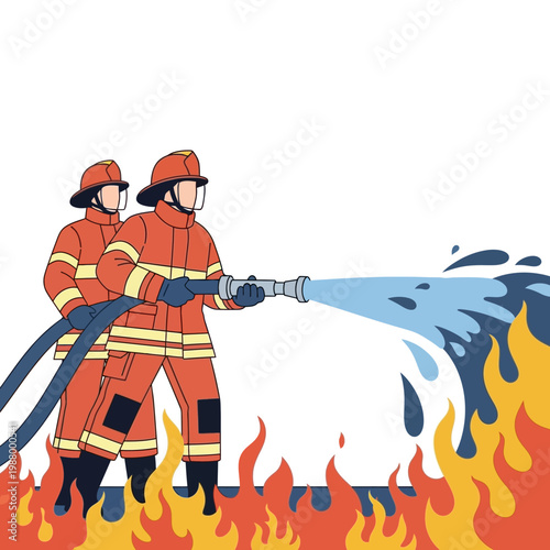 Two firefighters in protective gear spraying water from a hose to extinguish a fire with flames and smoke.