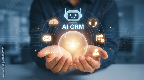 Hands cupped holding a glowing orb with AI crm icons and connections artificial intelligence customer relationship management