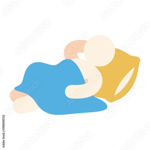 Simple illustration of a person sleeping peacefully on a pillow under a blue blanket