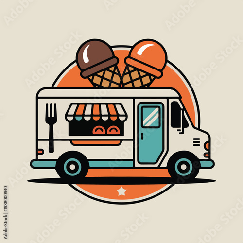 Ice cream truck with cones on top. Food truck emblem for street food, dessert, summer, treat, and mobile catering business.