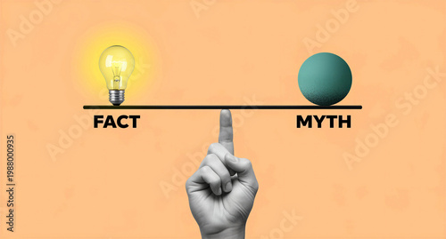Hand balancing a scale with a glowing lightbulb for fact and a sphere for myth. Conceptual illustration shows the balance of truth and misinformation. Useful for fact-checking and media literacy.