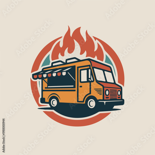 Food truck with flames. Mobile kitchen emblem for hot food, grill, barbecue, street eats, and culinary business.