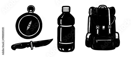 Outdoors adventure gear illustration compass bottle backpack black and white