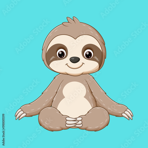 Cute cartoon baby sloth sitting in a relaxed pose on a solid blue background, smiling sweetly with big eyes.