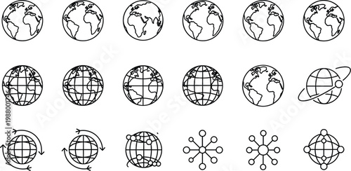 Globe and world map line icons set with earth, global network and connectivity symbols isolated on white background for international and technology design concepts