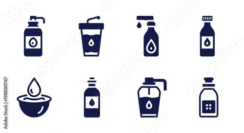 Collection of liquid dispensing bottle and container icons.