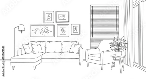 A minimalist living room interior features a sectional sofa armchair framed artwork and window