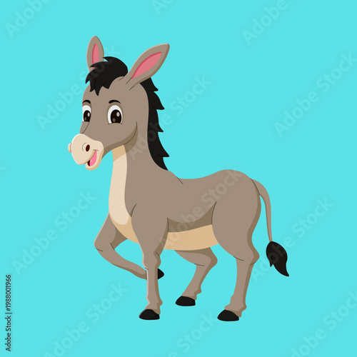 Cute cartoon donkey with a friendly expression standing on a solid light blue background.
