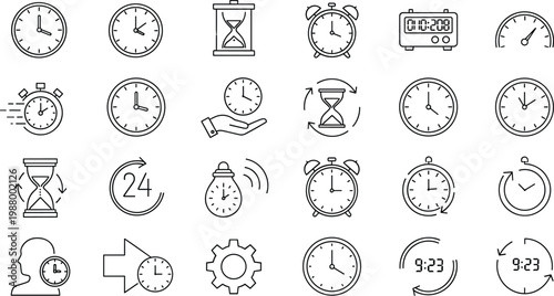Time and clock line icons set with stopwatch, alarm, hourglass and schedule symbols isolated on white background for timing and productivity design concepts