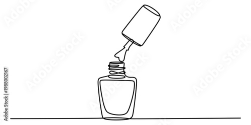A single continuous line drawing of a nail polish bottle with the brush applicator hovering above Vector, illustration