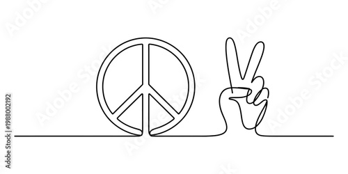 A minimalist single line drawing illustration of a peace sign and a hand making the v gesture Vector, illustration