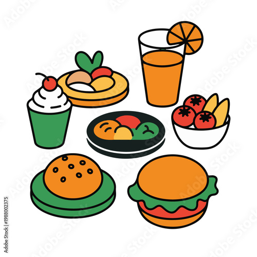 A vibrant assortment of delectable food and drink illustrations including burgers, desserts, and refreshing beverages for menus.