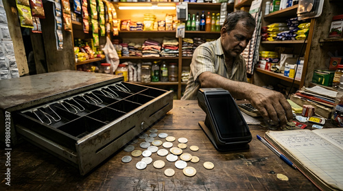 Indian shopkeeper managing financial transactions at traditional grocery store counter with coins and cash drawer while using modern digital payment terminal for small business retail sales.