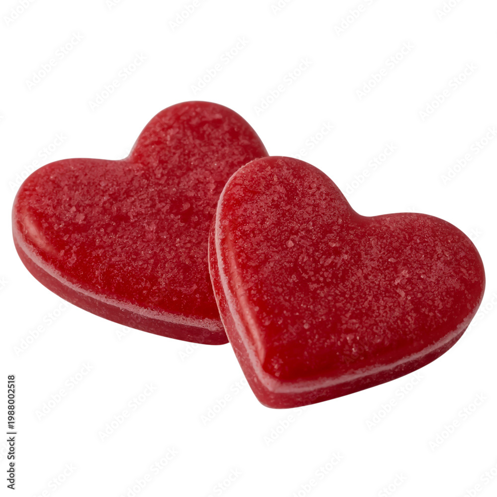 Obraz premium Two red heart shaped candies, sweet shiny dessert, romantic valentine love symbol, bright red candy heart, minimal clean composition on transparent background.