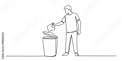 A continuous line drawing of a man standing and throwing away trash into a simple garbage bin Vector, illustration