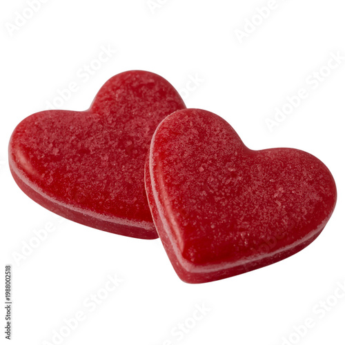 Two red heart shaped candies, sweet shiny dessert, romantic valentine love symbol, bright red candy heart, minimal clean composition on transparent background.