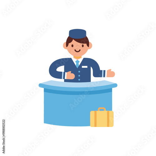 Hotel Receptionist Assistant Welcoming Guest with Luggage at Desk - Flat Design