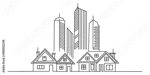 A simple black and white line drawing of a suburban neighborhood set against a tall cityscape Vector, illustration