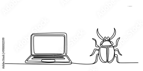A single continuous line drawing of a laptop computer positioned next to a large horned beetle Vector, illustration