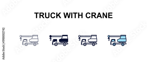 truck with crane  multi-style outline icon set - construction concept. Thin line, regular, filled, colored truck with crane  icon