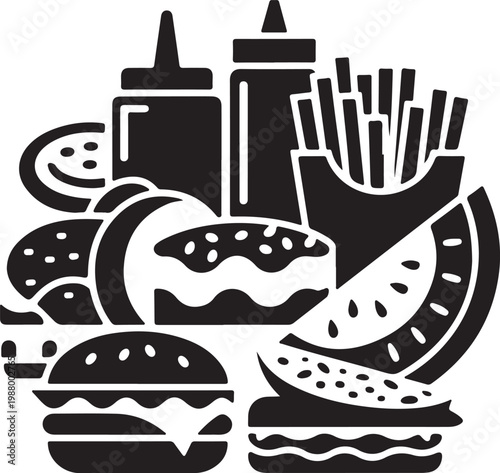 Fast food icon set including burger french fries sauces pizza watermelon sandwich and breakfast items for restaurant menu graphic.