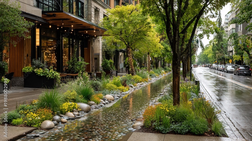 Obraz premium Serene Urban Landscape with Water Feature and Lush Greenery on a Rainy Day