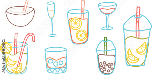 Set of colorful cocktail and beverage illustrations, modern flat vector drinks collection. Set cocktails and beverages, lemonade, bubble tea, juice, champagne, iced drinks.