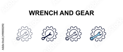 wrench and gear  multi-style outline icon set - construction concept. Thin line, regular, filled, colored wrench and gear  icon
