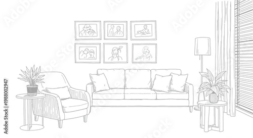 A sketched living room interior features a sofa armchair plants and a gallery wall of framed portraits