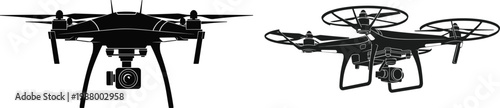 Quadcopter drone silhouettes, aerial camera design, modern UAV illustration, flying technology icon, photography tool art, unmanned aircraft pattern