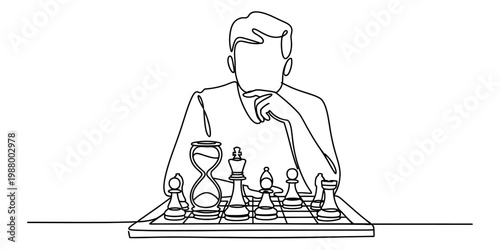 A single line drawing of a focused person playing chess with an hourglass on the game board now Vector, illustration